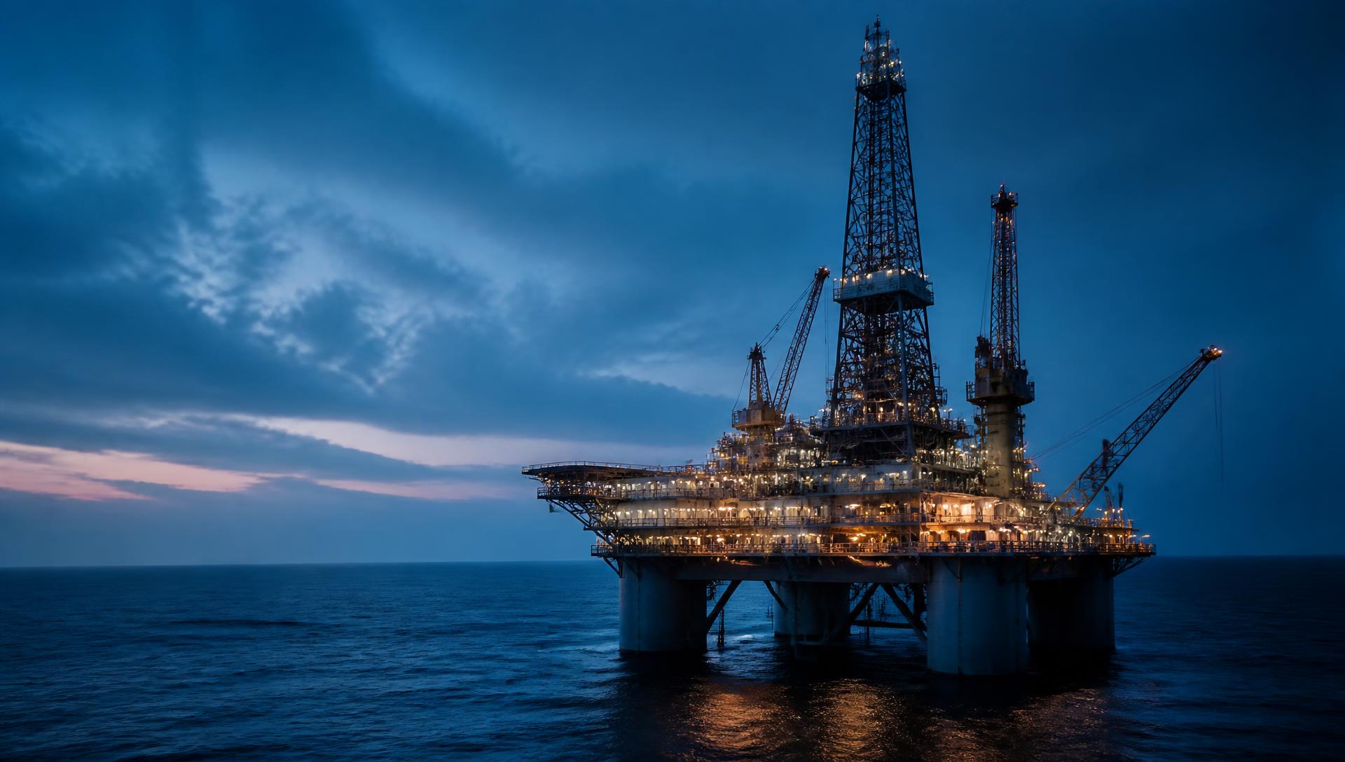 Offshore drilling platform in open ocean at dusk